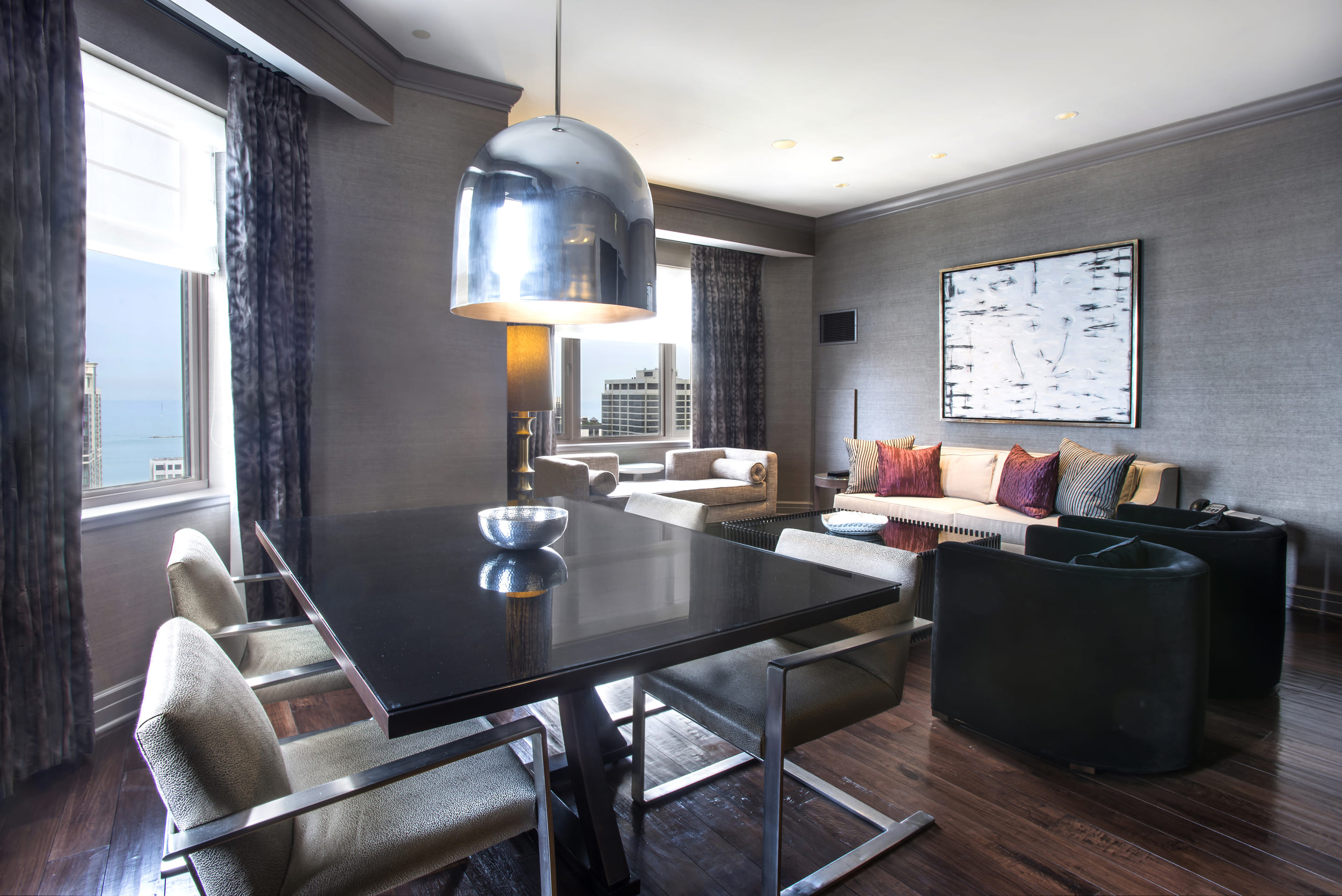 living room area with dining room table