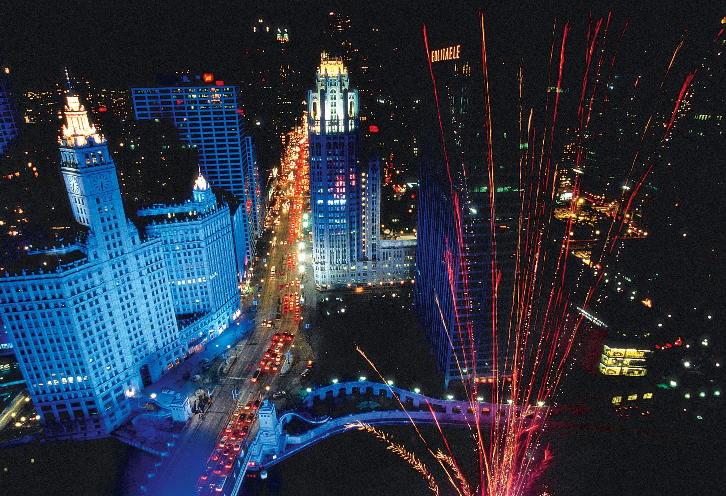 Aerial of wrigley building fireworks