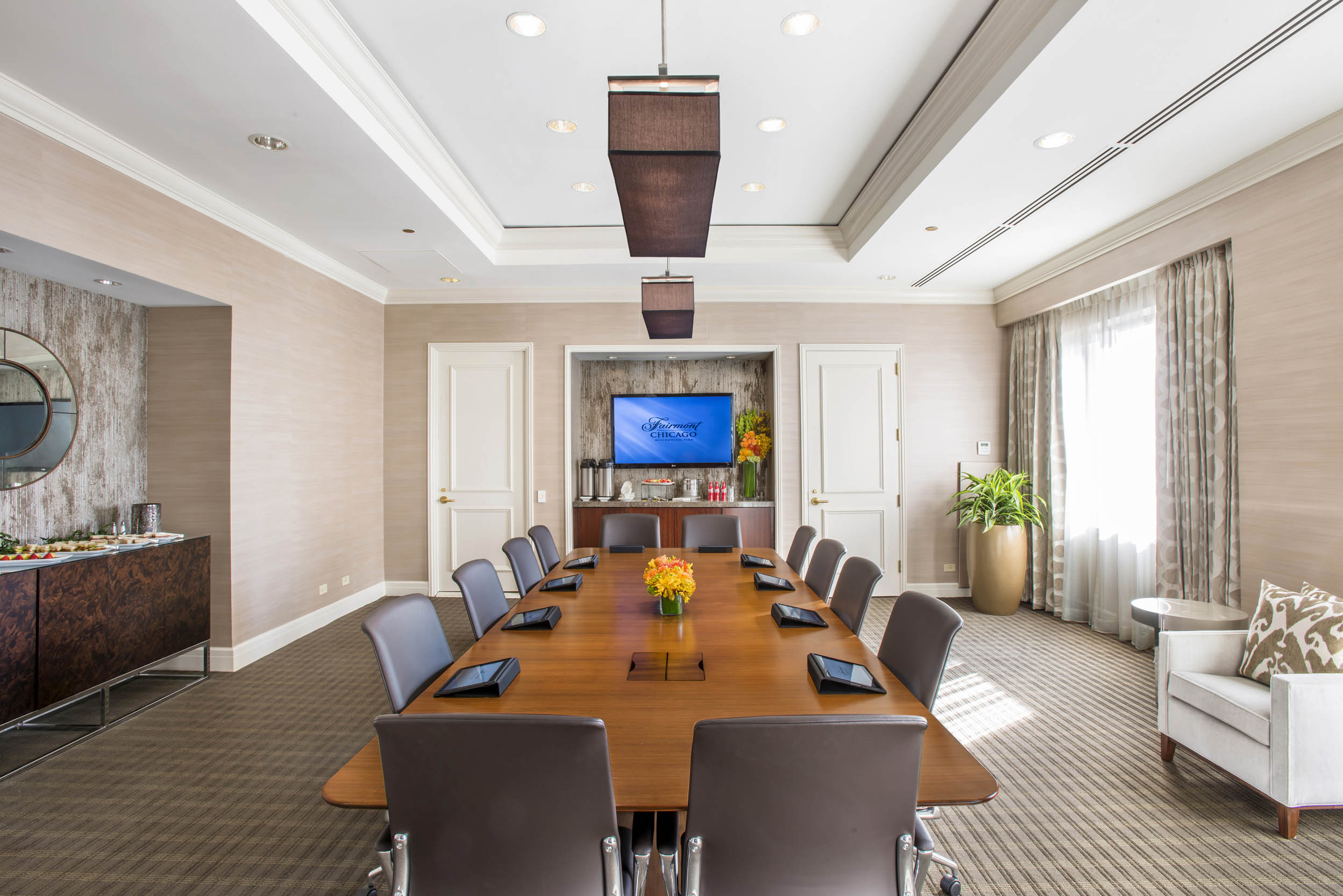 boardroom table set for a meeting
