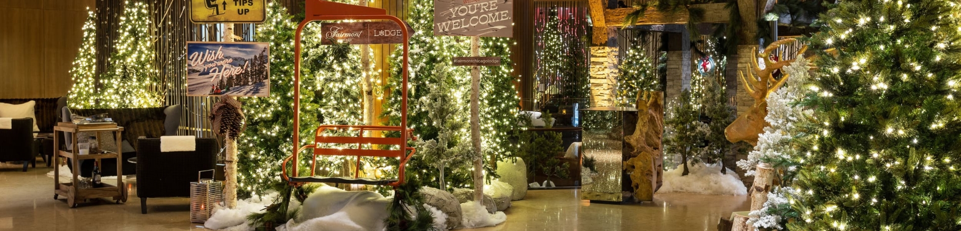 lobby decorated for the winter season