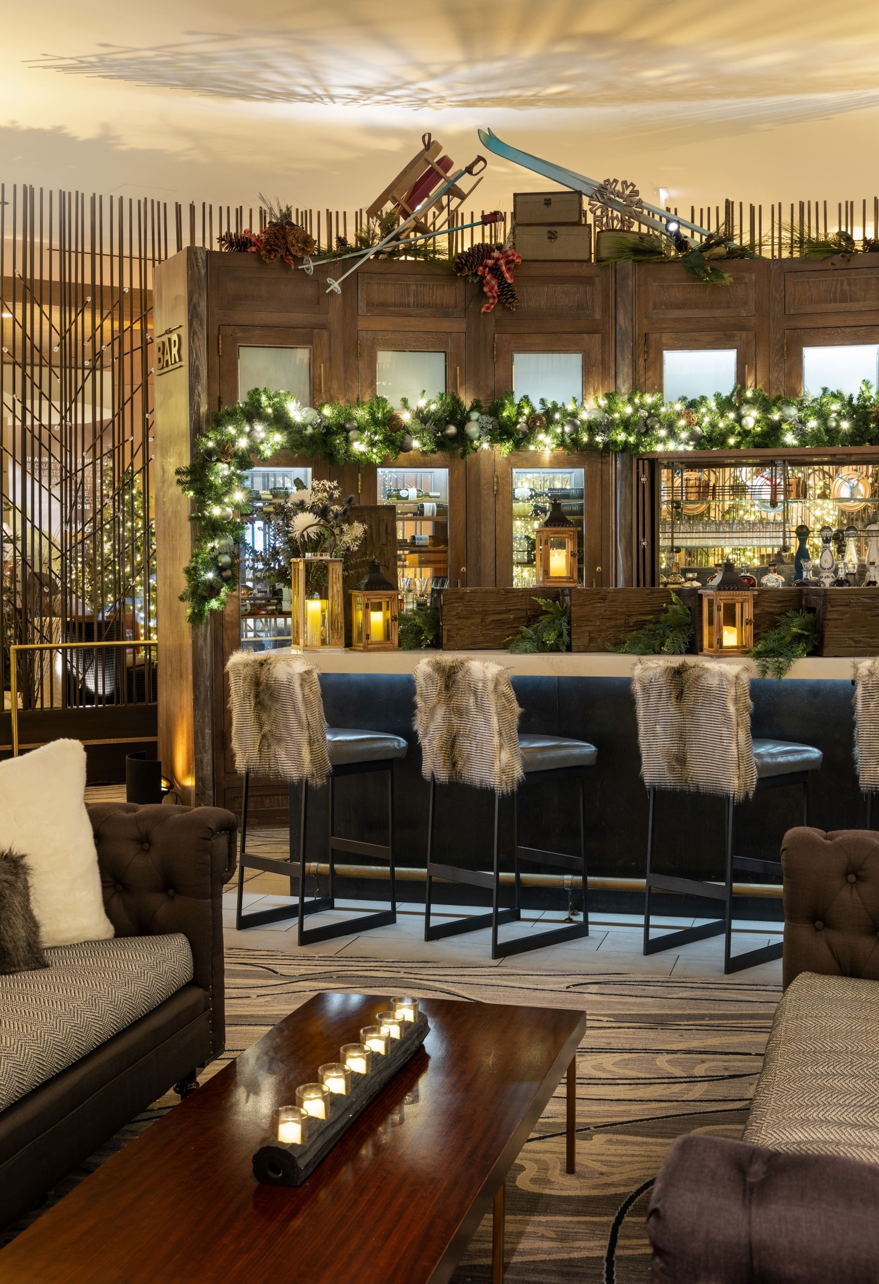 lodge bar decorated for winter
