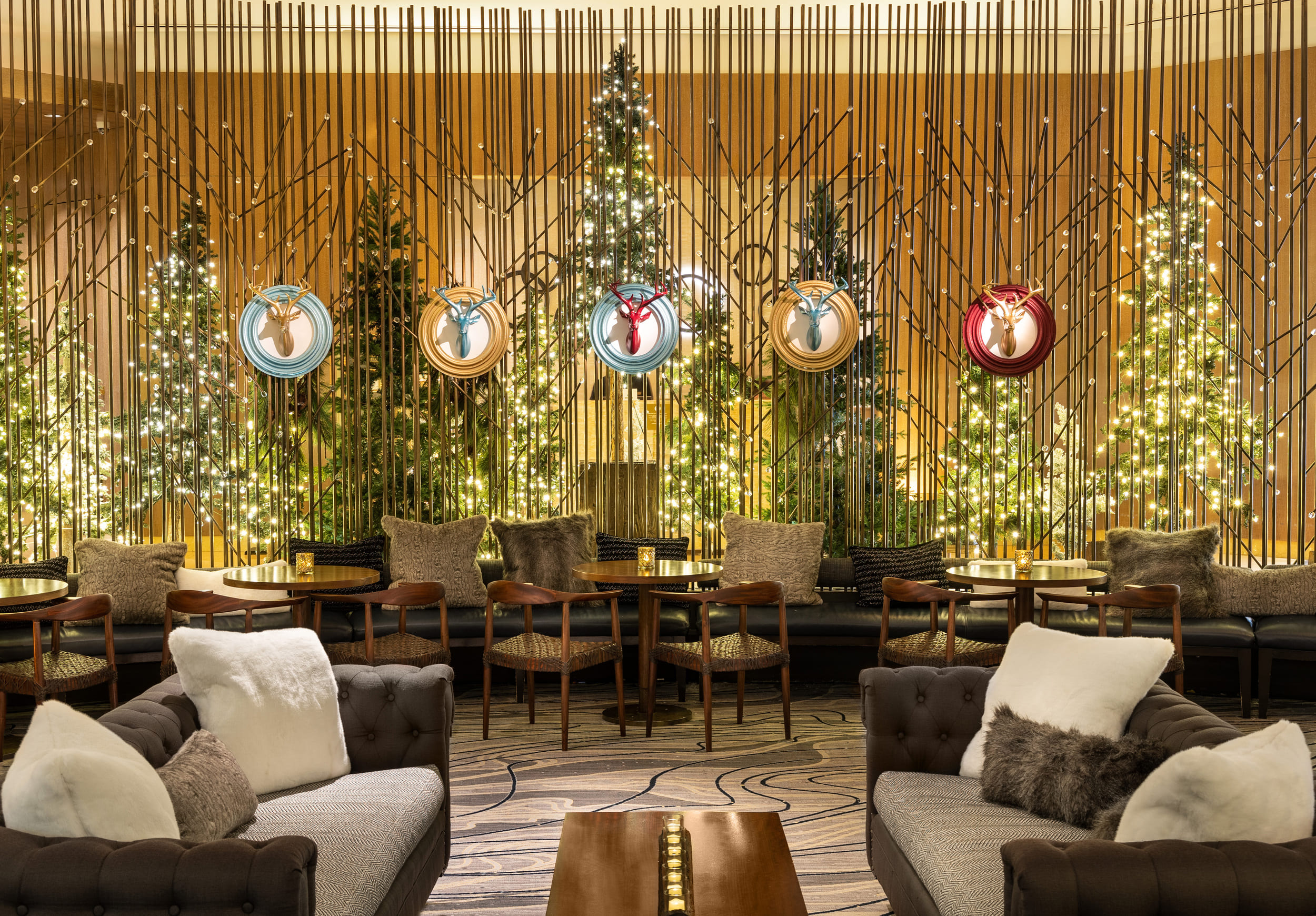 lounge with christmas trees