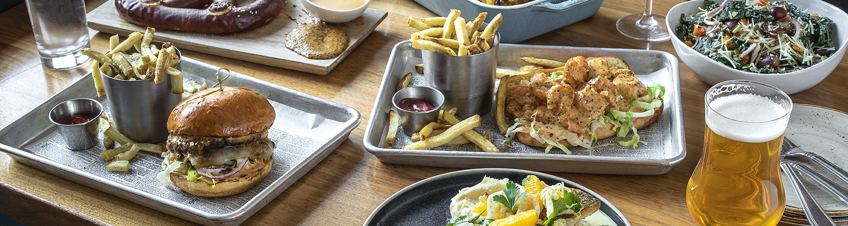 tablescape of pub food